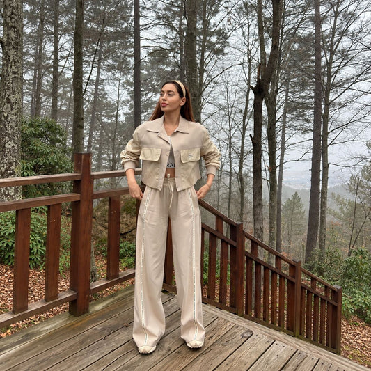 Beige Lettering-Stripe Wide-Leg Sweatsuit