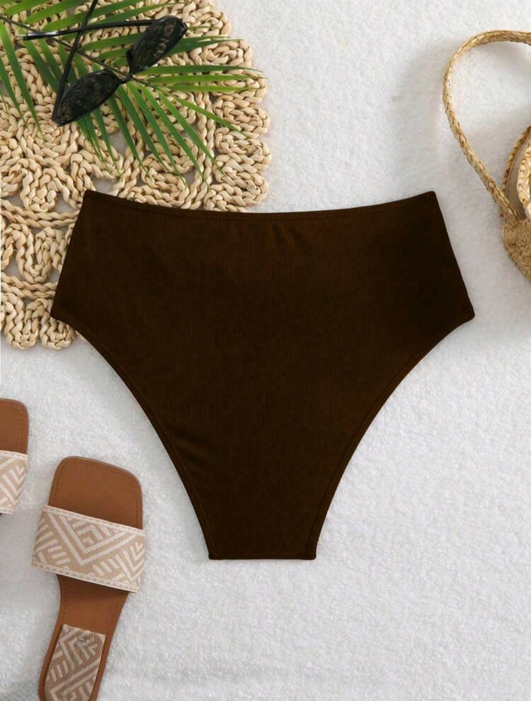 High Waisted Ribbed Swimsuit Bottom - Black & Chocolate Brown