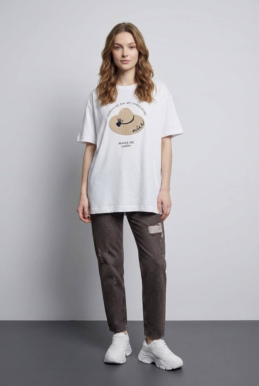 Trendy Embroidered Cotton T-Shirt - Sunshine on my shoulders