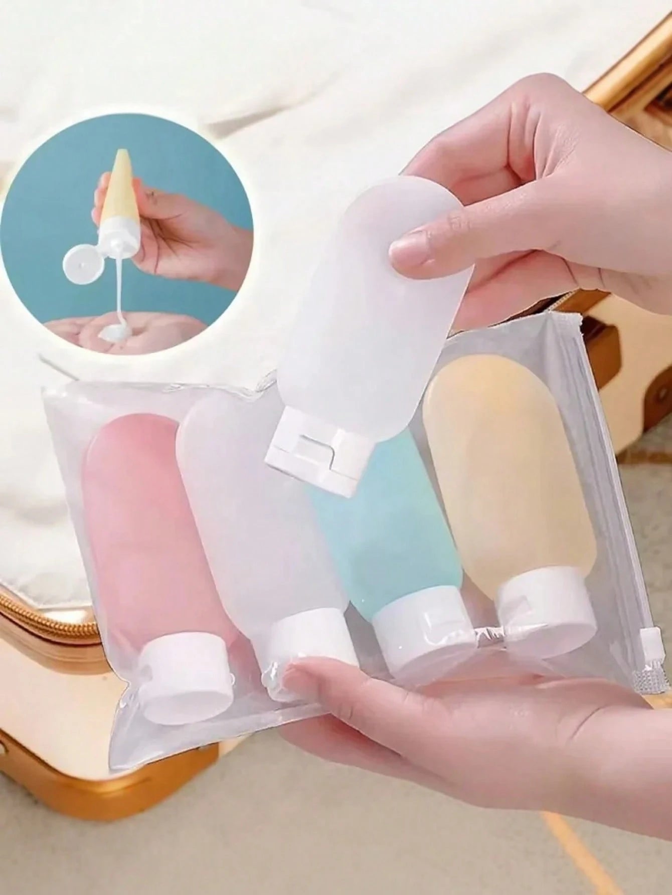 4 Pieces Set Silicone & Plastic Travel Bottles; Refillable, Leakproof Cosmetic containers for Lotion, Shower & Skincare products - 60 mL