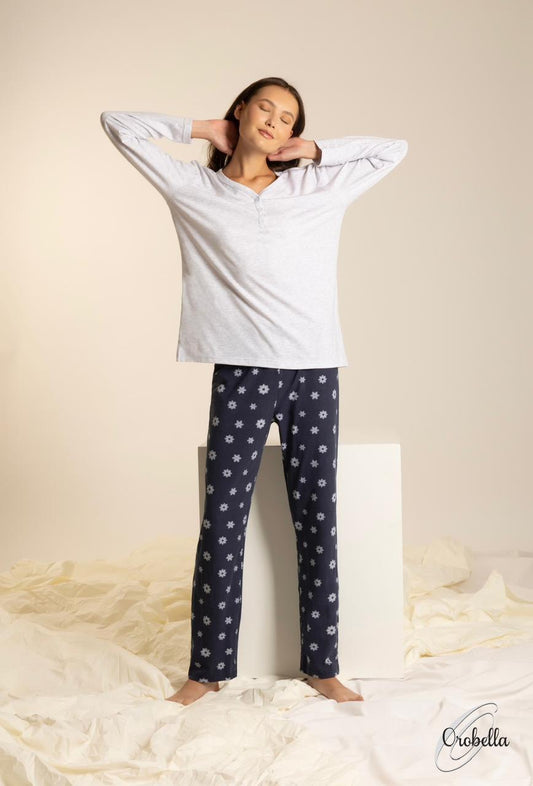 Pyjama Orobella - cotton - V neck light grey and navy blue - long sleeves