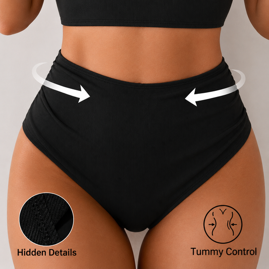 High Waisted Ribbed Swimsuit Bottom - Black & Brown