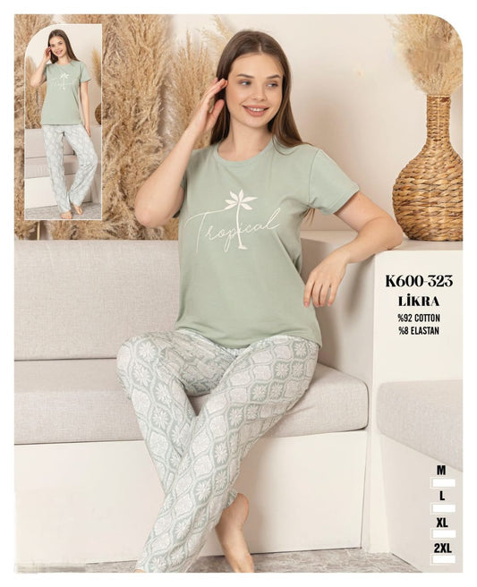 Pants + T-Shirt Tropical Mint Green Pyjama - Women