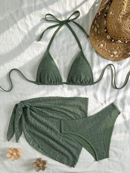Trendy 3 pieces Triangle Olive Green bikini