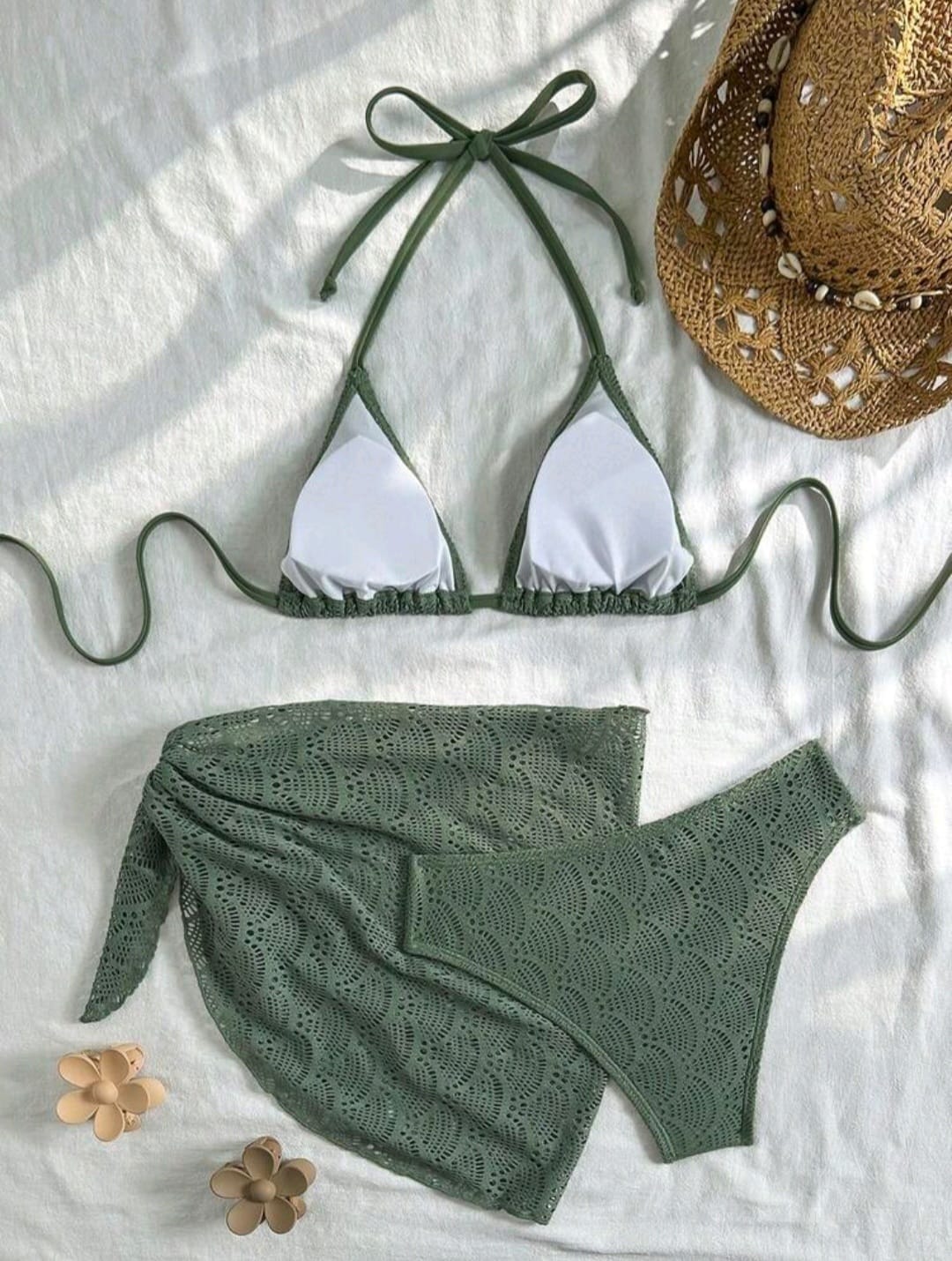 Trendy 3 pieces Triangle Olive Green bikini