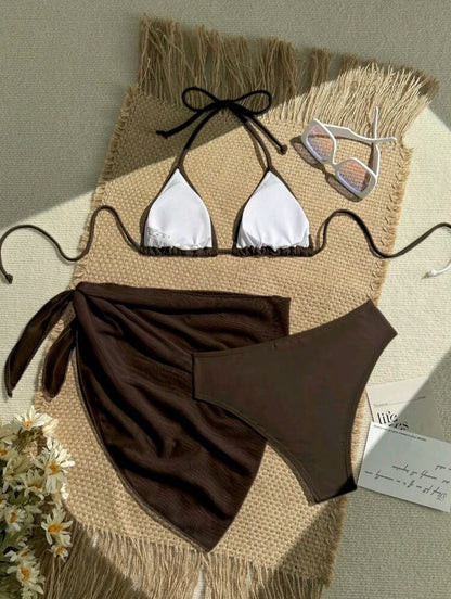 Trendy 3 Pieces Coffee Brown High Waisted Bikini