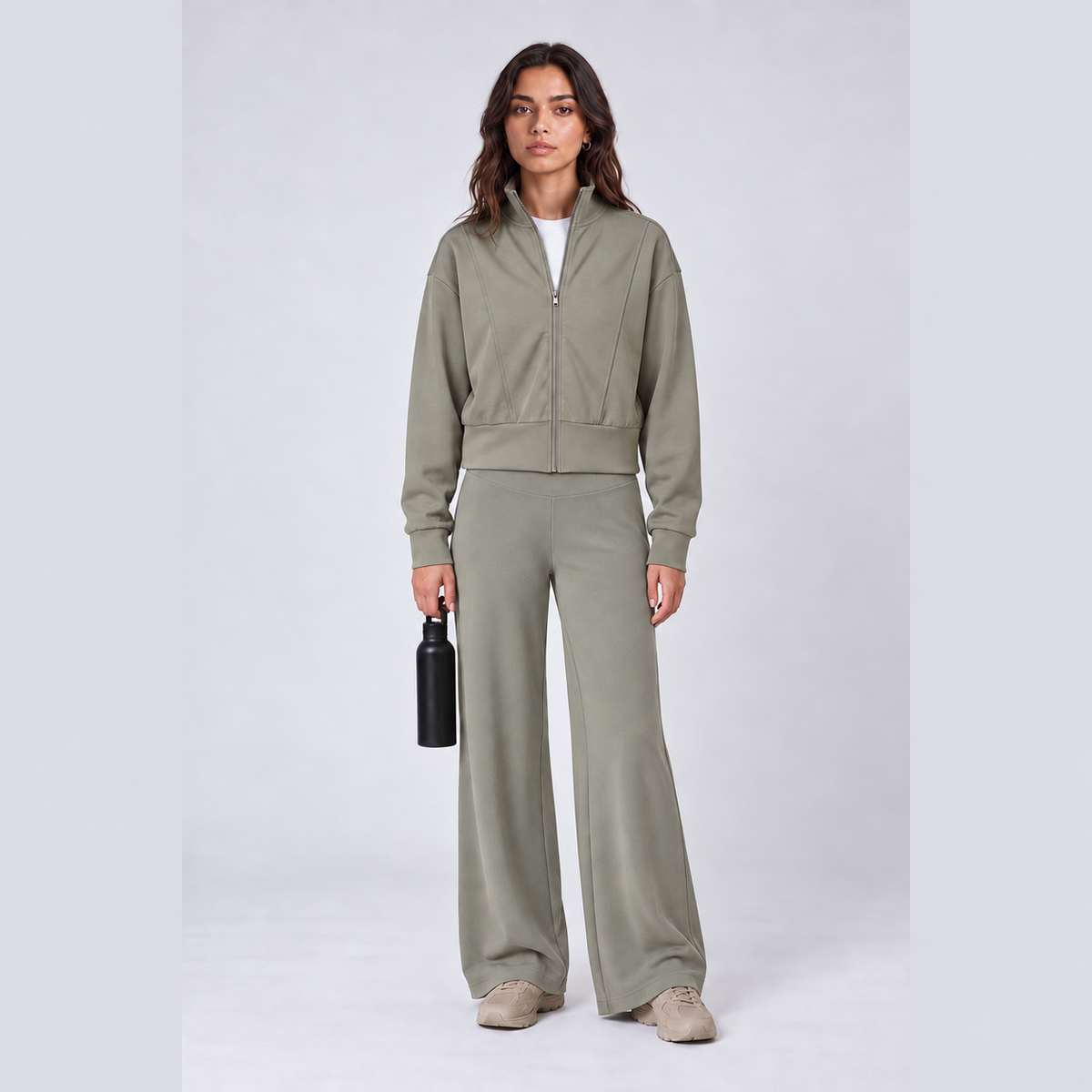 Zip-Up Jacket & Wide-Leg Pants Set