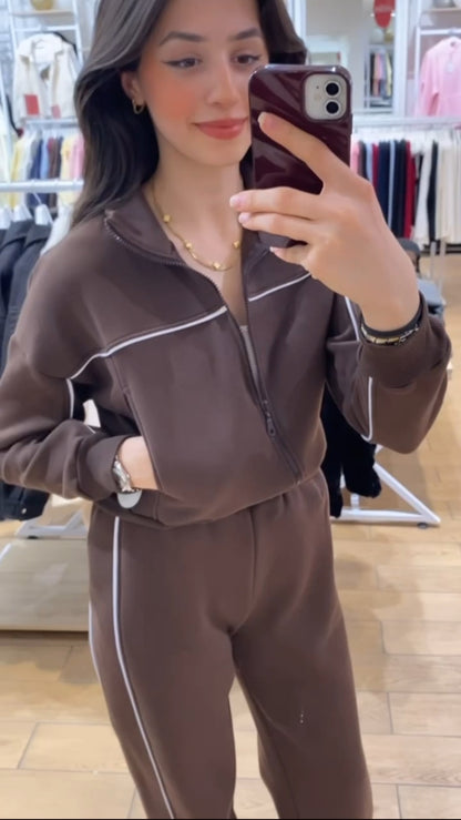 Trendy Fleeced Set - wide legs pants with a crop jacket - Sweatsuit