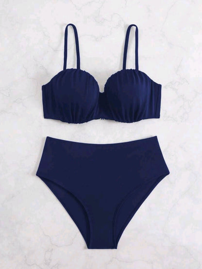 Trendy 2 Pieces Strapless Navy Blue Swimwear