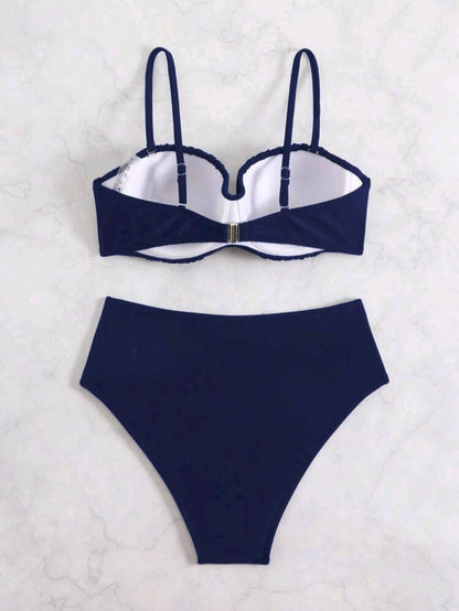 Trendy 2 Pieces Strapless Navy Blue Swimwear