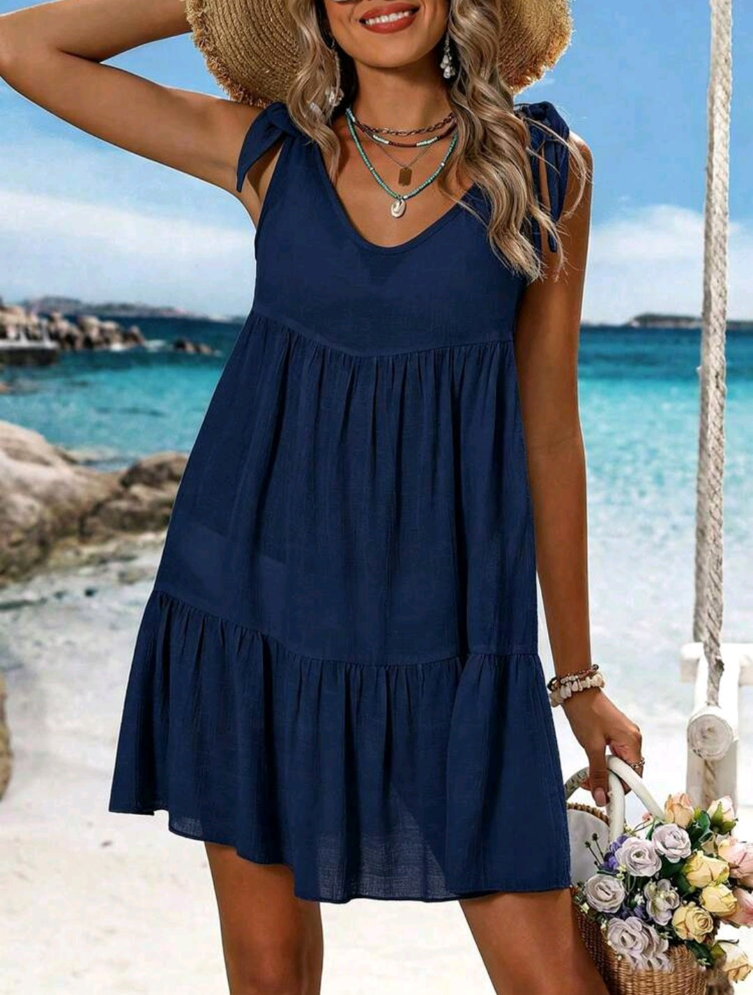 Beach Cover Up Dress - Navy & Black