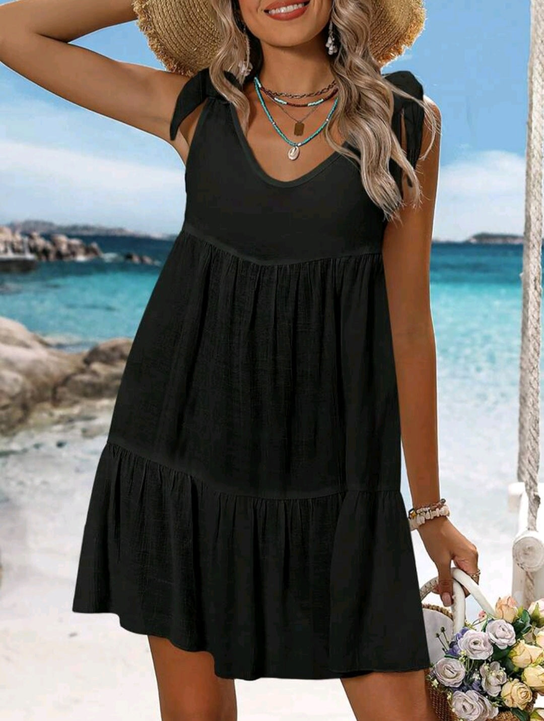 Beach Cover Up Dress - Navy & Black