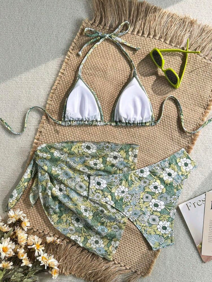 Trendy 3 Pieces Triangle Floral Green Swimwear