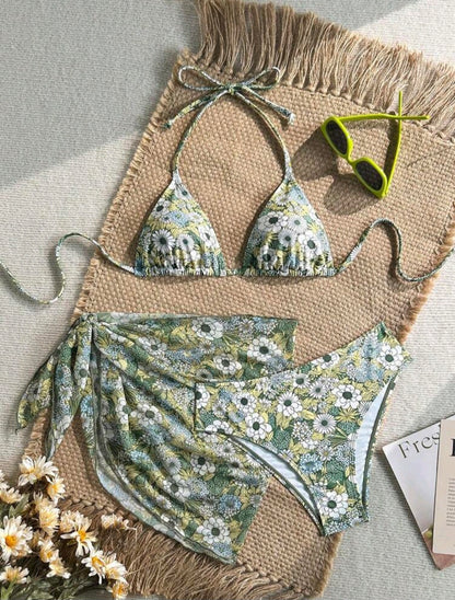 Trendy 3 Pieces Triangle Floral Green Swimwear