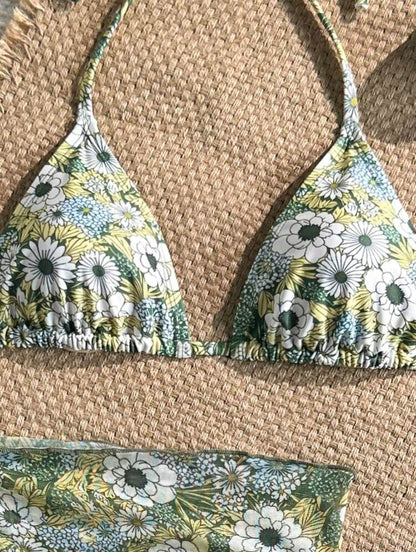 Trendy 3 Pieces Triangle Floral Green Swimwear