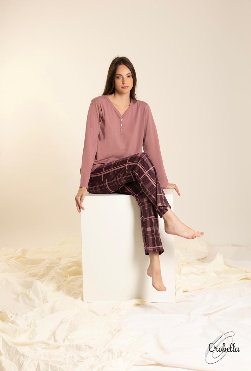 Pyjama Orobella - Cotton - long sleeves - Women - V neck - Purple