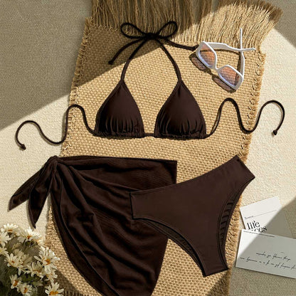 Trendy 3 Pieces Coffee Brown High Waisted Bikini