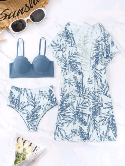 Trendy High Waisted Tropical 3pcs Bikini