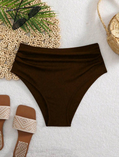 High Waisted Ribbed Swimsuit Bottom - Black & Brown