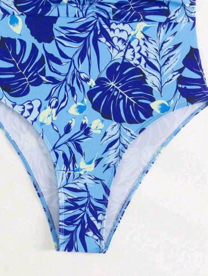 Trendy One Piece Tropical Blue Swimwear