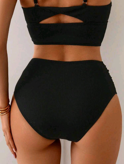 High Waisted Ribbed Swimsuit Bottom - Black & Brown