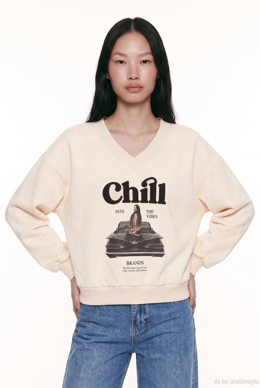 Trendy Embroidered V-Neck Sweatshirt - Fleece inside