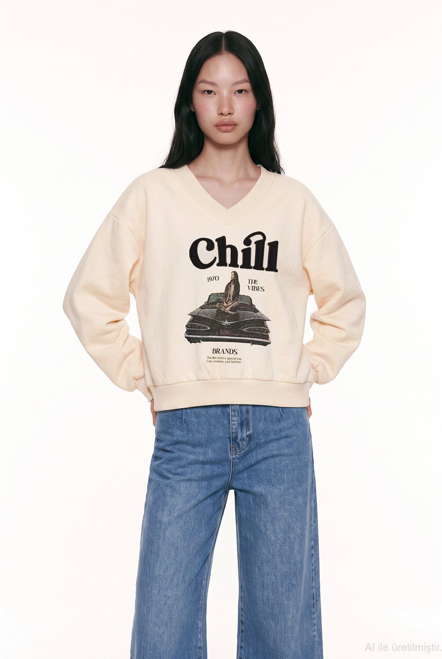 Trendy Embroidered V-Neck Sweatshirt - Fleece inside