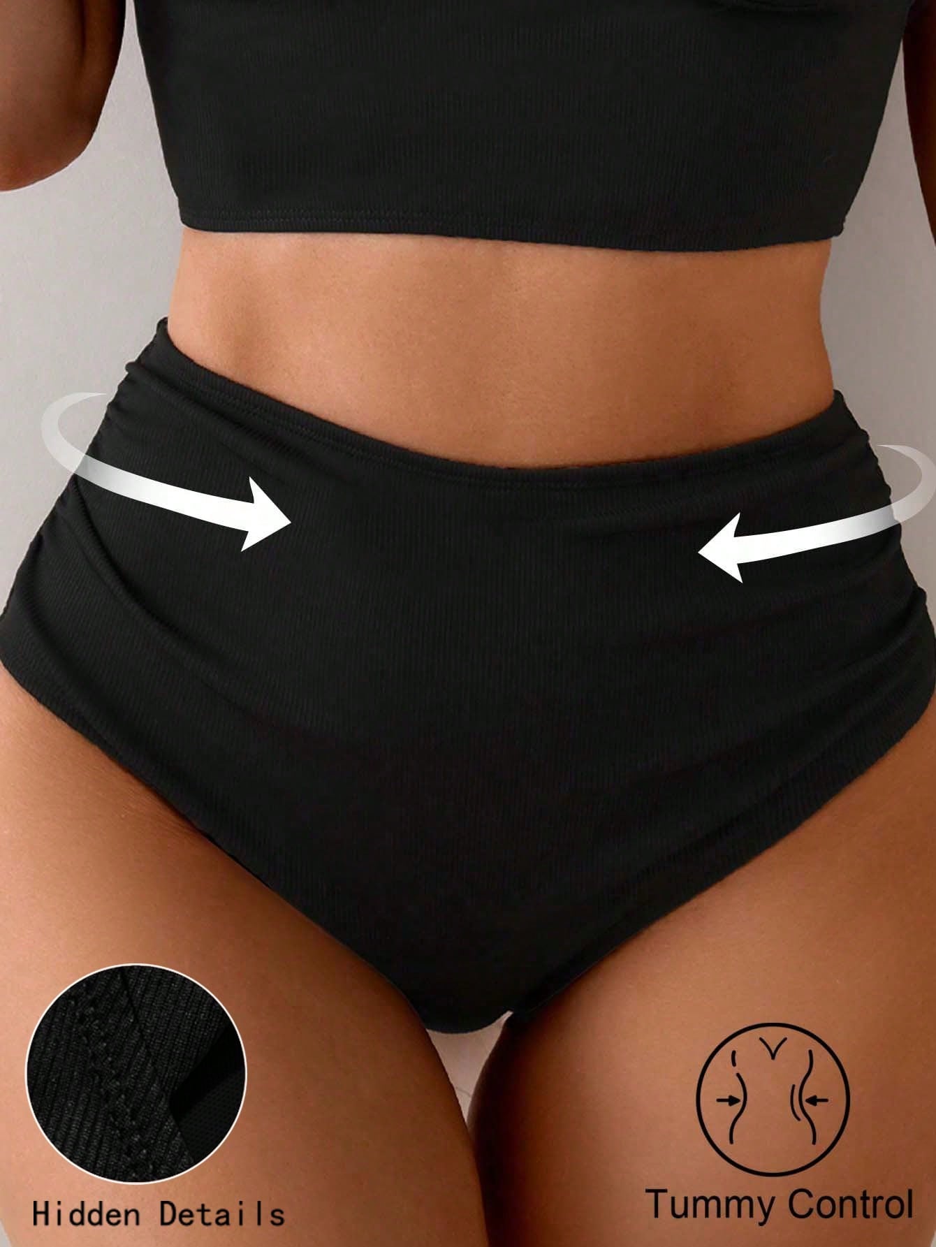 High Waisted Ribbed Swimsuit Bottom - Black & Brown