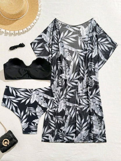 Trendy High Waisted Tropical 3pcs Bikini