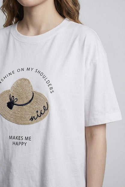 Trendy Embroidered Cotton T-Shirt - Sunshine on my shoulders