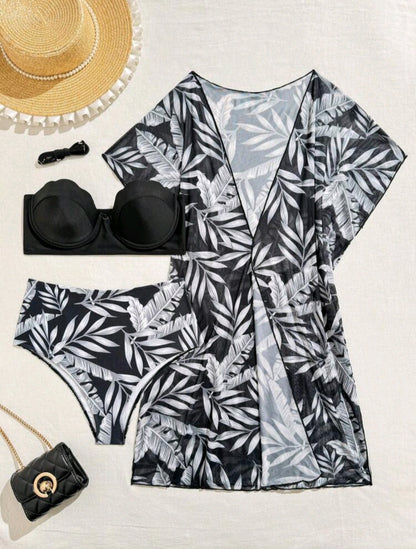 Trendy High Waisted Tropical 3pcs Bikini
