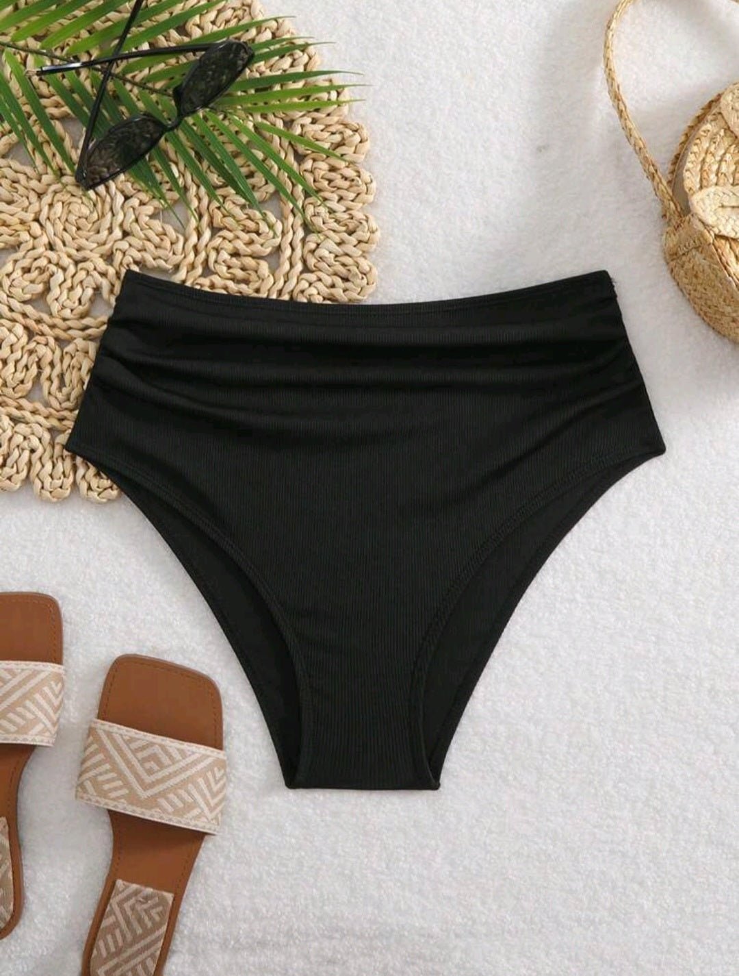 High Waisted Ribbed Swimsuit Bottom - Black & Brown
