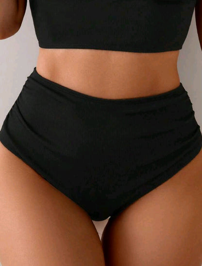 High Waisted Ribbed Swimsuit Bottom - Black & Brown