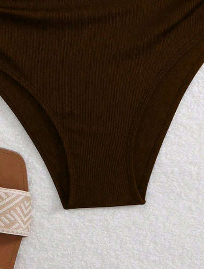 High Waisted Ribbed Swimsuit Bottom - Black & Brown