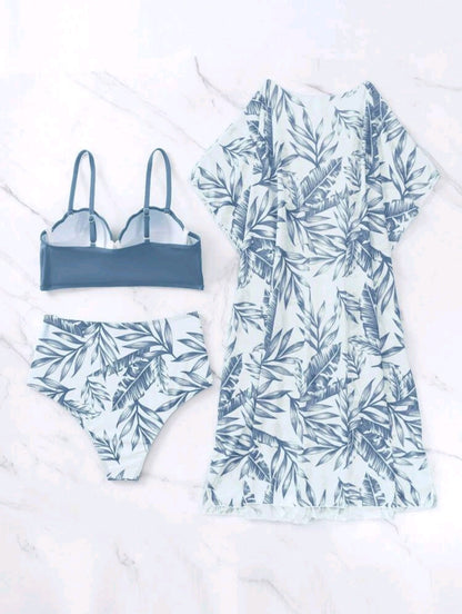 Trendy High Waisted Tropical 3pcs Bikini