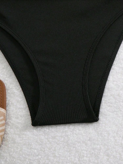 High Waisted Ribbed Swimsuit Bottom - Black & Brown