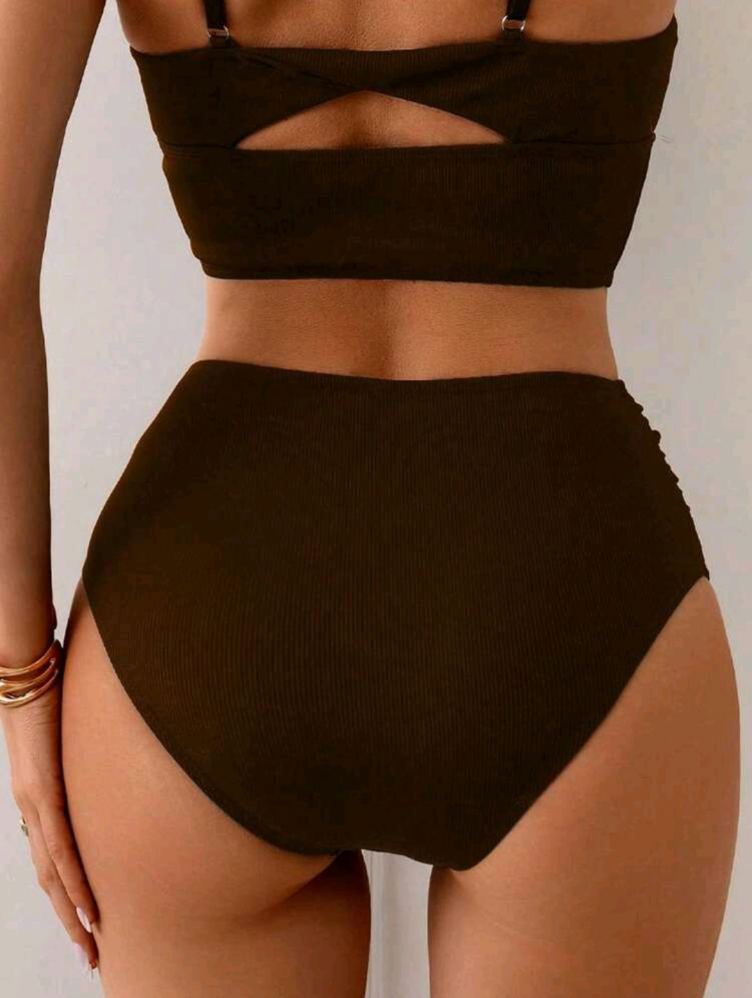 High Waisted Ribbed Swimsuit Bottom - Black & Brown