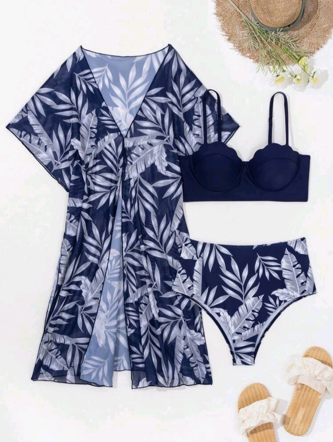 Trendy High Waisted Tropical 3pcs Bikini