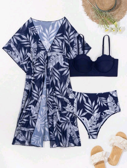 Trendy High Waisted Tropical 3pcs Bikini