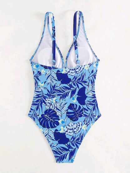 Trendy One Piece Tropical Blue Swimwear