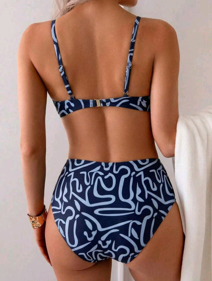 Trendy 2 Pieces - High Waisted Navy Blue Swimsuit