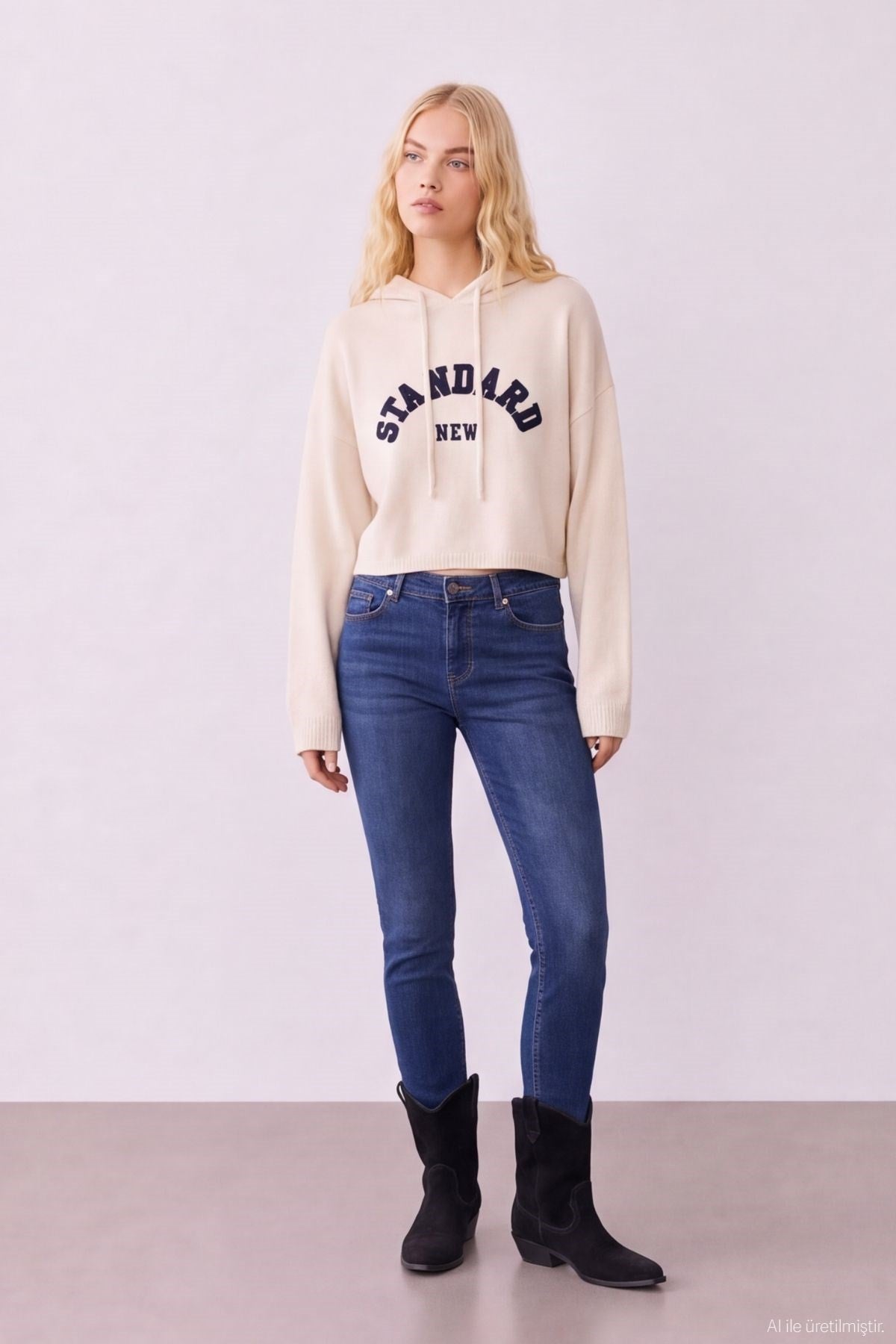 Trendy Embroidered Hoodie - Beige - Standard Size