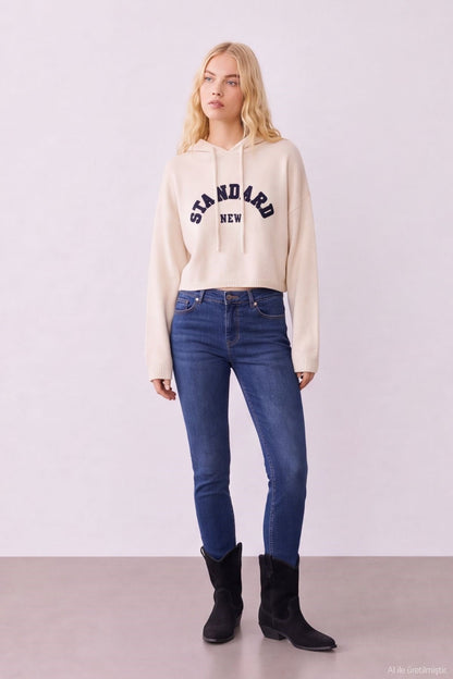 Trendy Embroidered Hoodie - Beige - Standard Size