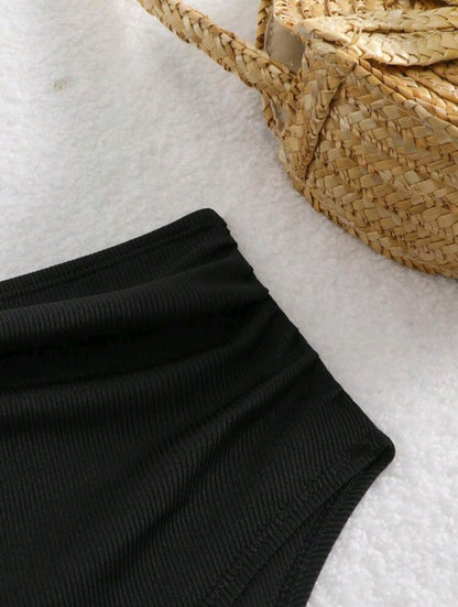 High Waisted Ribbed Swimsuit Bottom - Black & Brown
