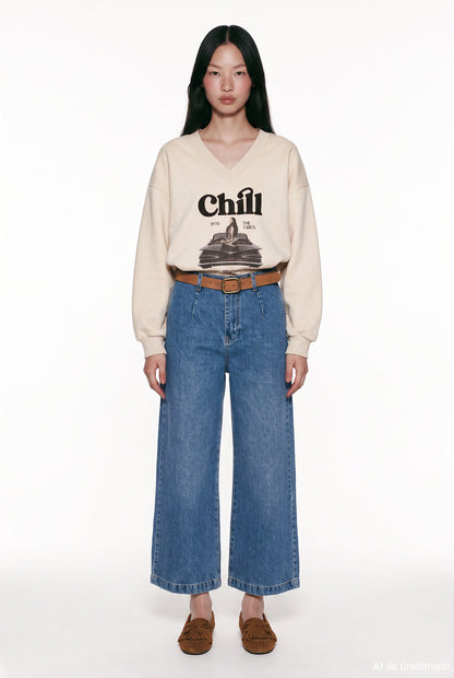 Trendy Embroidered V-Neck Sweatshirt - Fleece inside