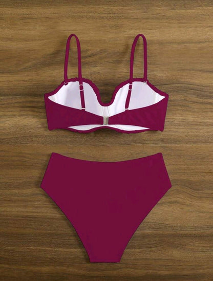 Trendy 2 Pieces Strapless Navy Blue & Fushia Swimwear