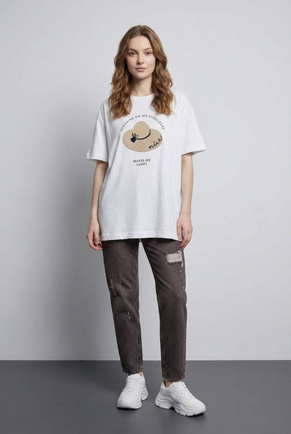 Trendy Embroidered Cotton T-Shirt - Sunshine on my shoulders