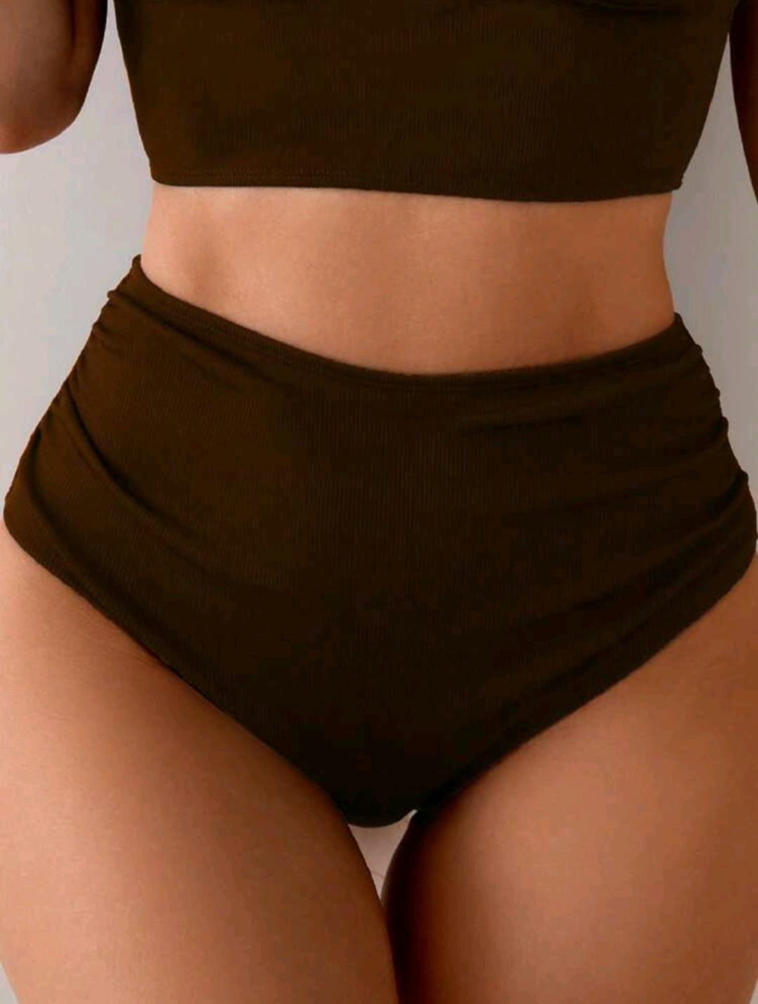 High Waisted Ribbed Swimsuit Bottom - Black & Brown