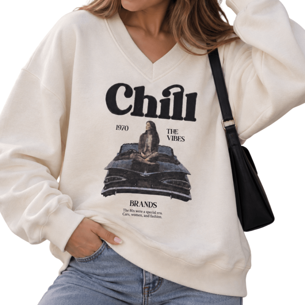 Trendy Embroidered V-Neck Sweatshirt - Fleece inside