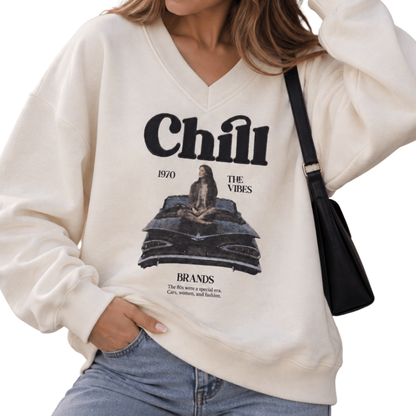 Trendy Embroidered V-Neck Sweatshirt - Fleece inside
